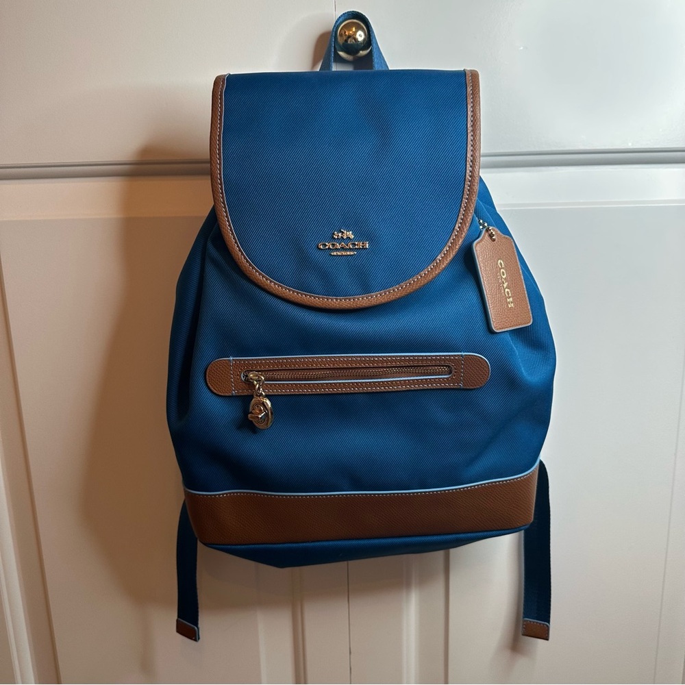Coach Sawyer Blue Canvas and Brown Leather Backpack New